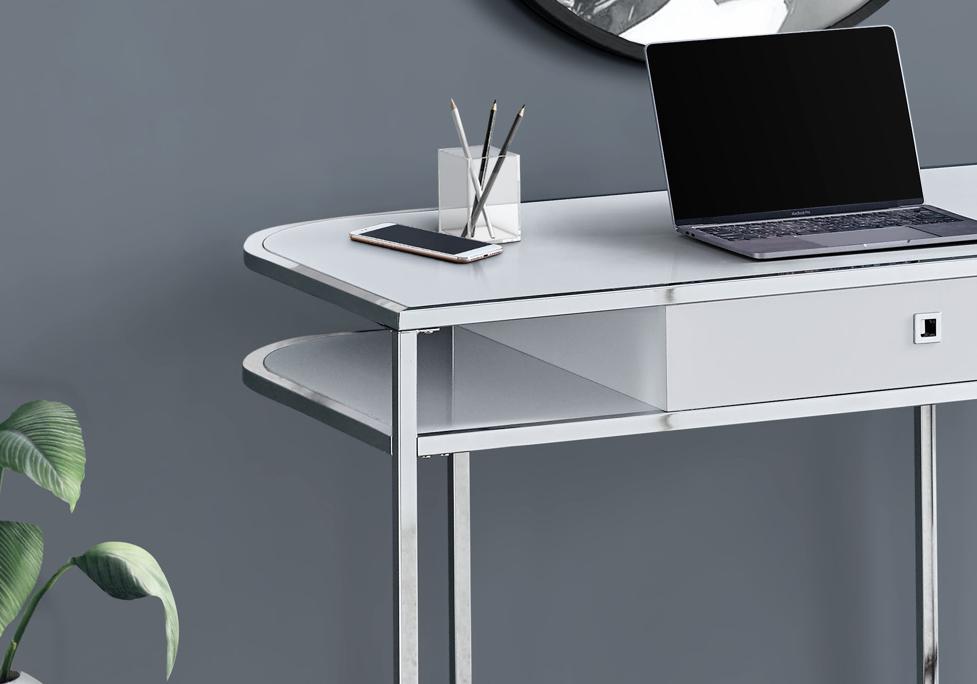 Computer Desk - 48"L, Glossy White, Chrome Metal